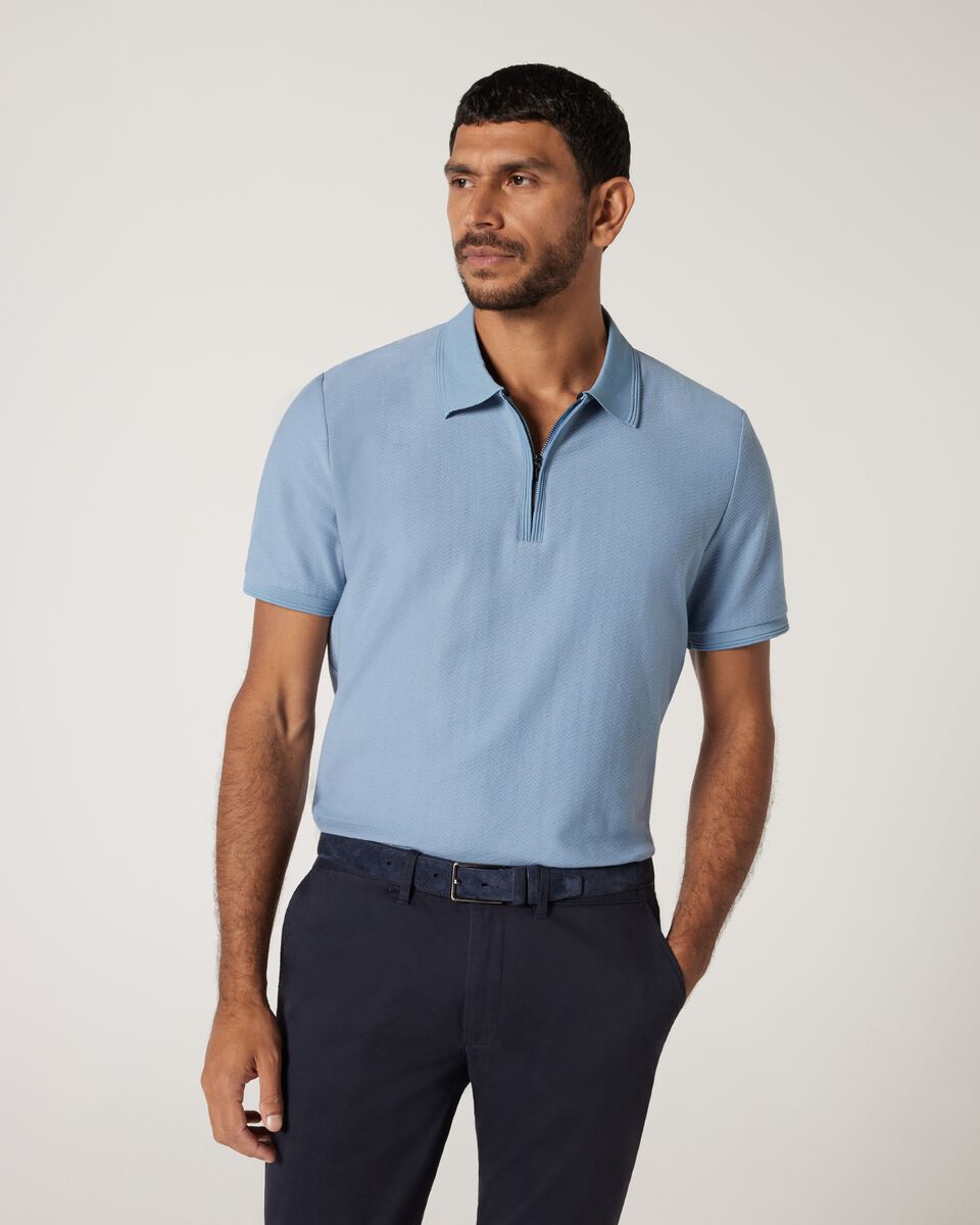 Textured Zip-up Polo, Chalk Blue, hi-res